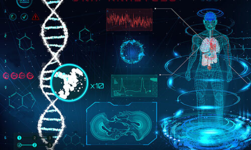 Bild på DNA-kedja och en datagenererad människokropp