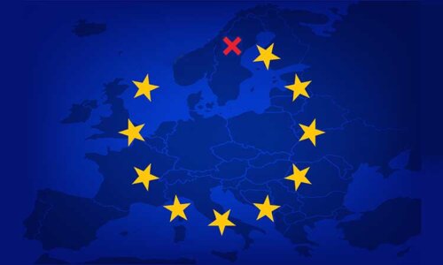 Bild på karta med EU länder, och unionens gula stjärnor och ett rött kryss. Krysset visar att Sverige inte stödjer frågan.
