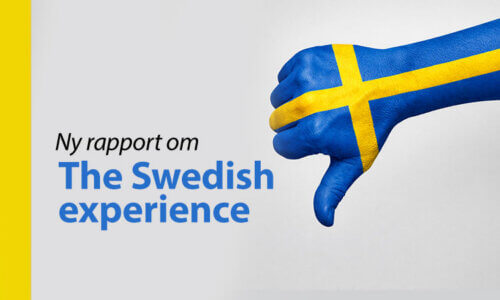 Bilde av en hånd med det svenske flagget malt på, som gir tommelen ned. Bildet viser den svenske opplevelsen. Sverige og snus er ikke et forbilde.