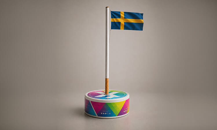 Bild på en snusdosa med en flaggstång uppepå med svenska flaggan. Bilden visar att Sverige är näst sämst