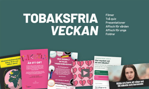 Grafisk bild som visar Material tobaksfria veckan . På bilden syns olika affischer och annat material som kan användas kostnadsfritt